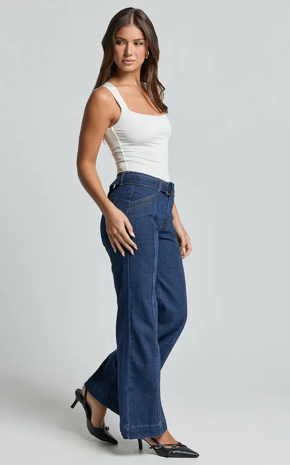 Showpo Ace Jeans 8211 Wide Leg Denim Jeans In Indigo Women Denim