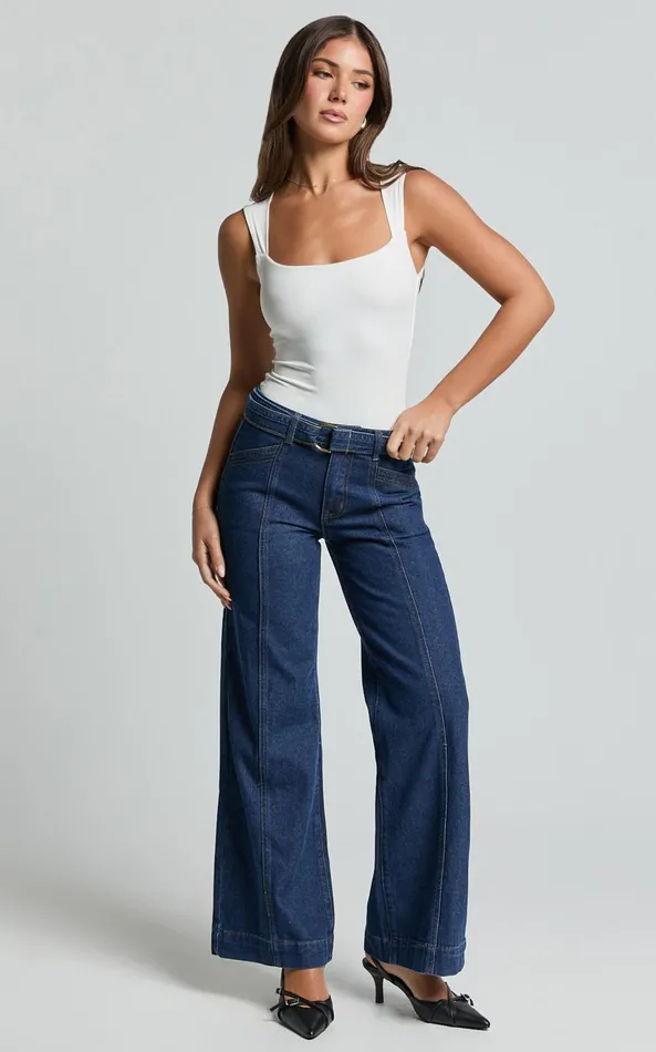 Showpo Ace Jeans 8211 Wide Leg Denim Jeans In Indigo Women Denim