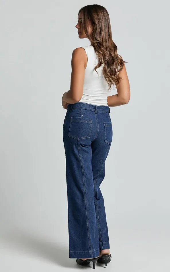 Showpo Ace Jeans 8211 Wide Leg Denim Jeans In Indigo Women Denim
