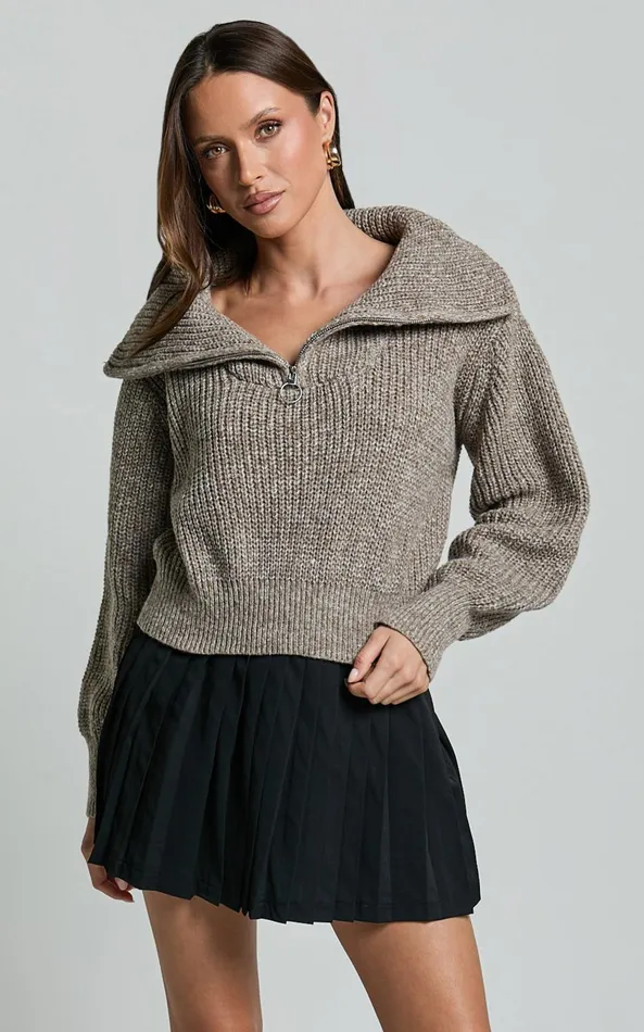 Showpo Ace Jumper 8211 Chunky Quarter Zip Knit Jumper In Taupe Women Knitwear