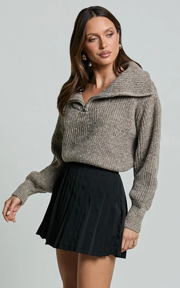 Showpo Ace Jumper 8211 Chunky Quarter Zip Knit Jumper In Taupe Women Knitwear
