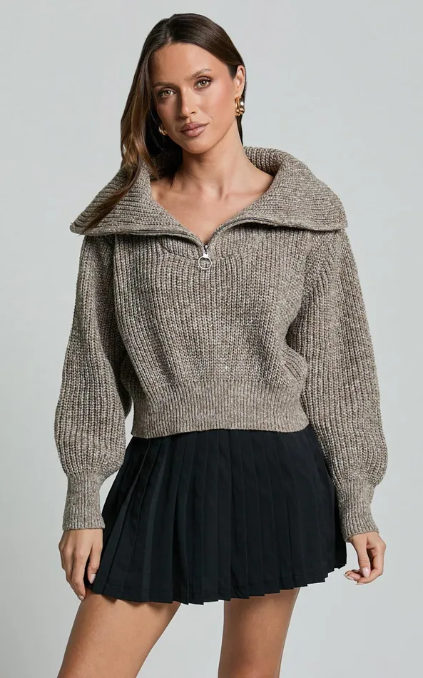 Showpo Ace Jumper 8211 Chunky Quarter Zip Knit Jumper In Taupe Women Knitwear