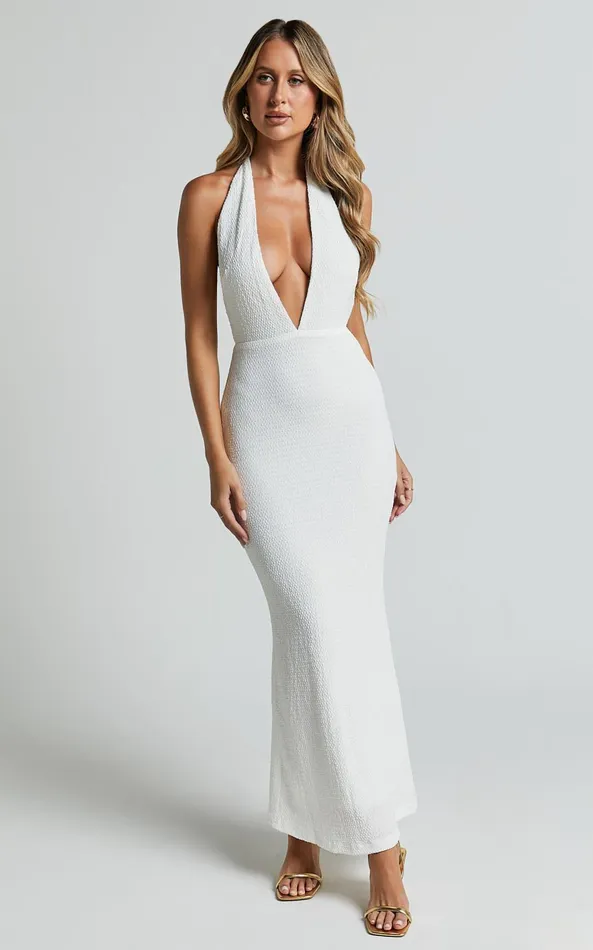 Showpo Ada Maxi Dress 8211 Halter Plunge Textured Jersey Open Back Dress In White Women Dresses Showpo Ada Maxi Dress 8211 Halter Plunge Textured Jersey Open Back Dress In White Women Dresses