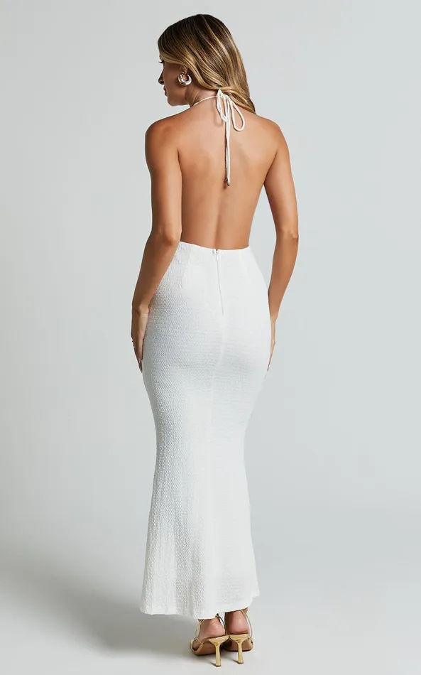Showpo Ada Maxi Dress 8211 Halter Plunge Textured Jersey Open Back Dress In White Women Dresses