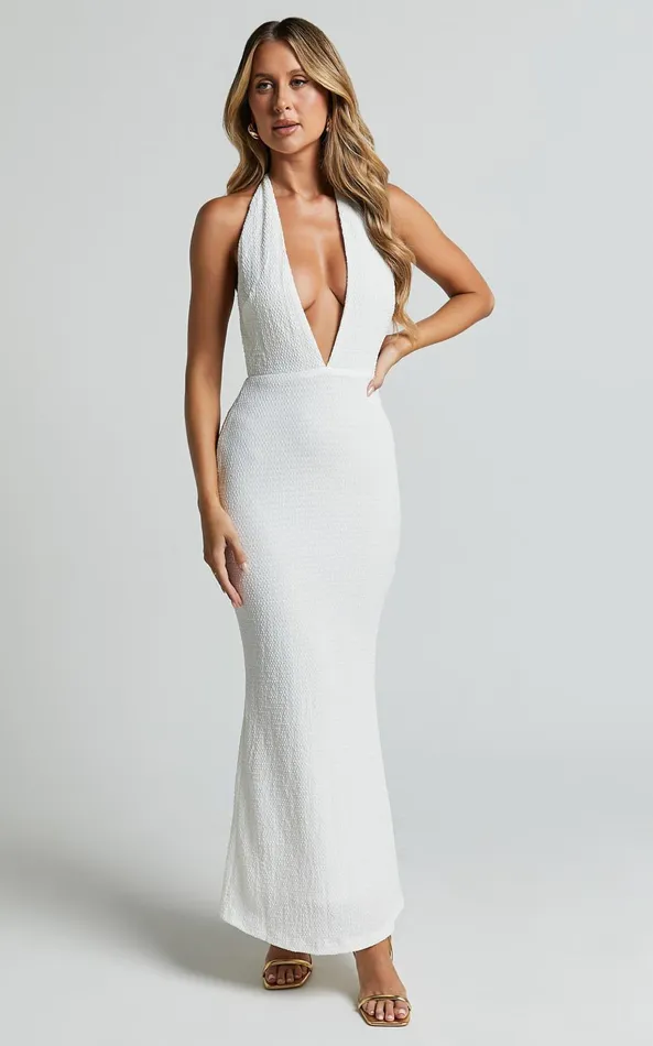 Showpo Ada Maxi Dress 8211 Halter Plunge Textured Jersey Open Back Dress In White Women Dresses