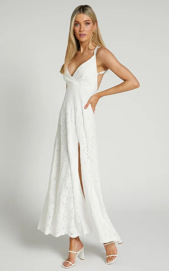 Showpo Adabelle Midi Dress 8211 Cross Back Lace Dress In White Women Dresses