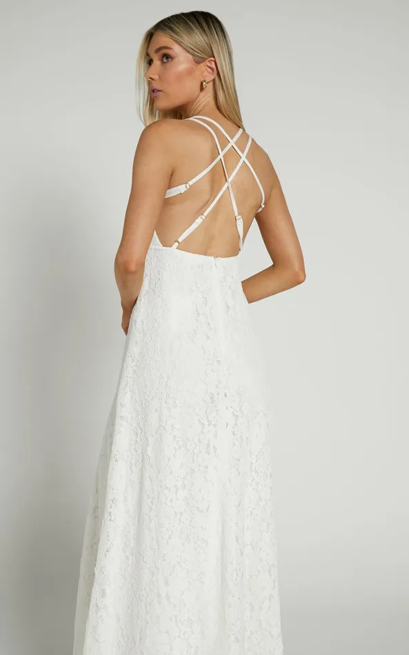 Showpo Adabelle Midi Dress 8211 Cross Back Lace Dress In White Women Dresses