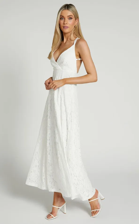 Showpo Adabelle Midi Dress 8211 Cross Back Lace Dress In White Women Dresses