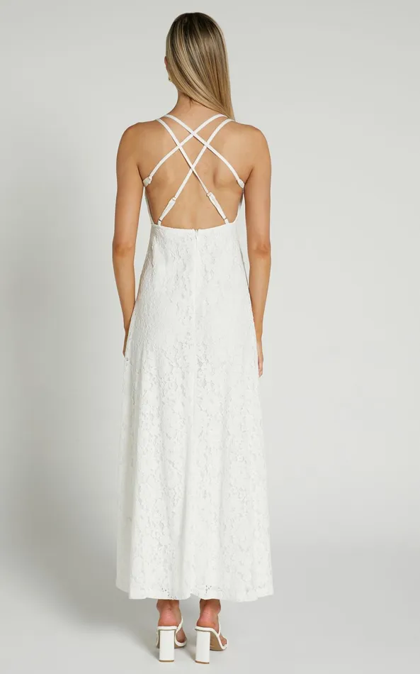 Showpo Adabelle Midi Dress 8211 Cross Back Lace Dress In White Women Dresses
