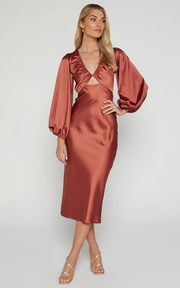 Showpo Adaleine Midi Dress 8211 Plunge Neck Puff Sleeve Dress In Copper Women Dresses Showpo Adaleine Midi Dress 8211 Plunge Neck Puff Sleeve Dress In Copper Women Dresses