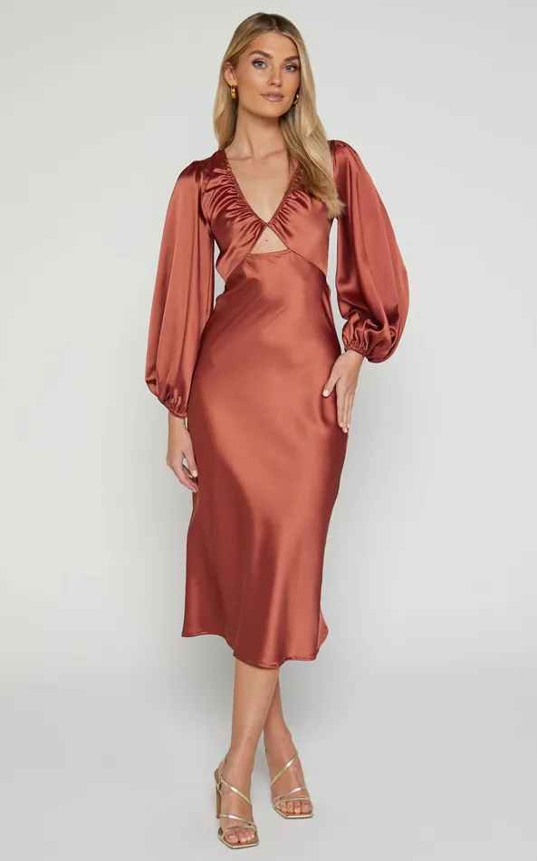 Showpo Adaleine Midi Dress 8211 Plunge Neck Puff Sleeve Dress In Copper Women Dresses