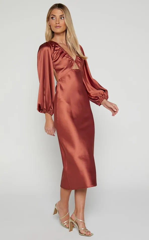 Showpo Adaleine Midi Dress 8211 Plunge Neck Puff Sleeve Dress In Copper Women Dresses