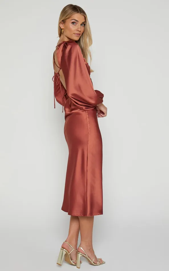 Showpo Adaleine Midi Dress 8211 Plunge Neck Puff Sleeve Dress In Copper Women Dresses