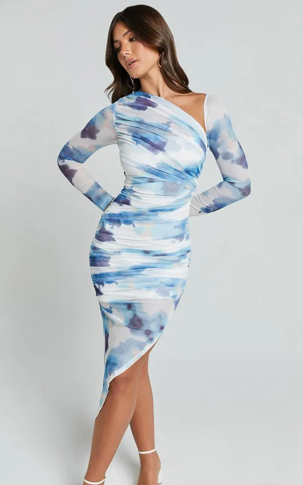 Showpo Adalene Midi Dress 8211 Bodycon Long Sleeve Asymmetrical Neckline Dress In Blue Floral Women Dresses