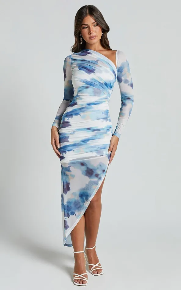 Showpo Adalene Midi Dress 8211 Bodycon Long Sleeve Asymmetrical Neckline Dress In Blue Floral Women Dresses