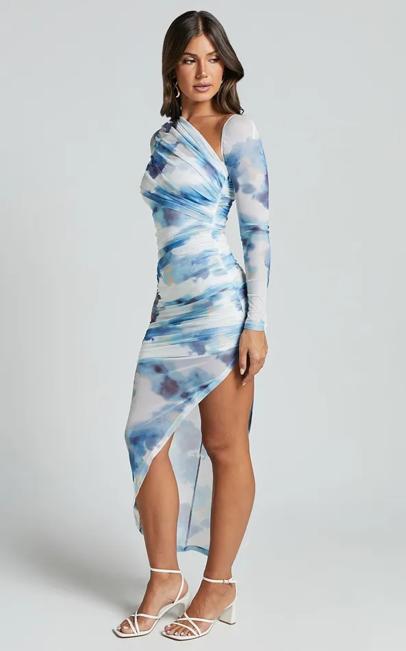Showpo Adalene Midi Dress 8211 Bodycon Long Sleeve Asymmetrical Neckline Dress In Blue Floral Women Dresses
