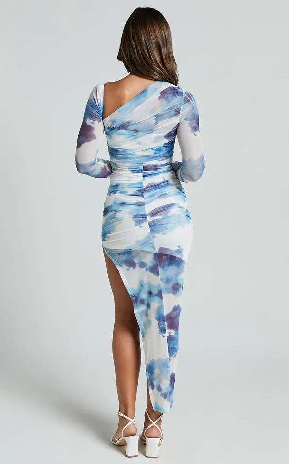 Showpo Adalene Midi Dress 8211 Bodycon Long Sleeve Asymmetrical Neckline Dress In Blue Floral Women Dresses