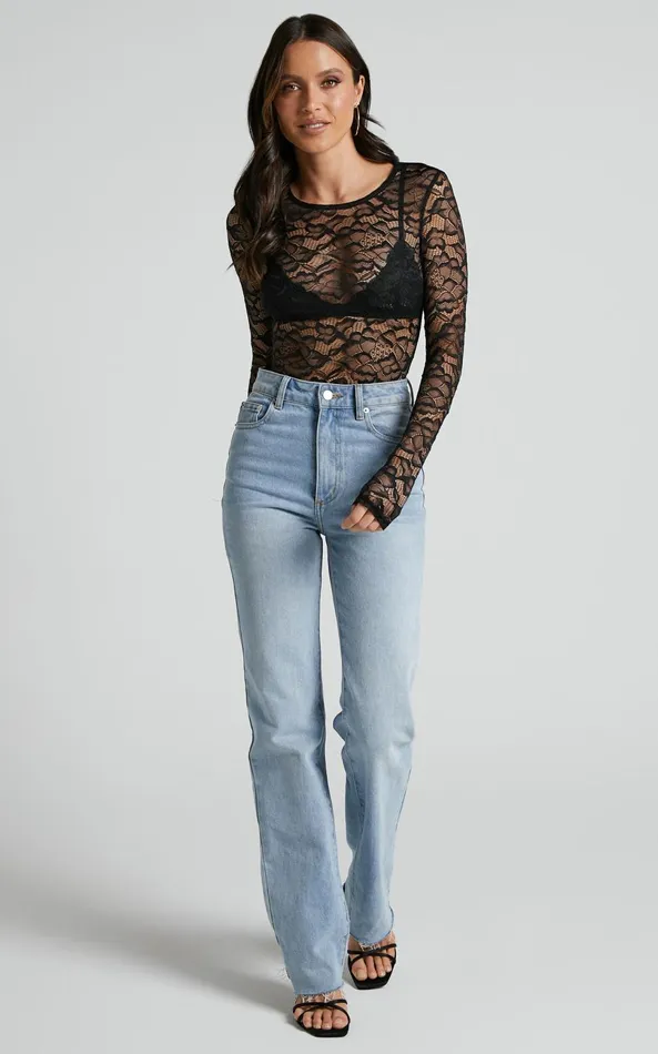 Showpo Adaly Bodysuit 8211 Long Sleeve Scoop Neck Lace Bodysuit In Black Women Tops