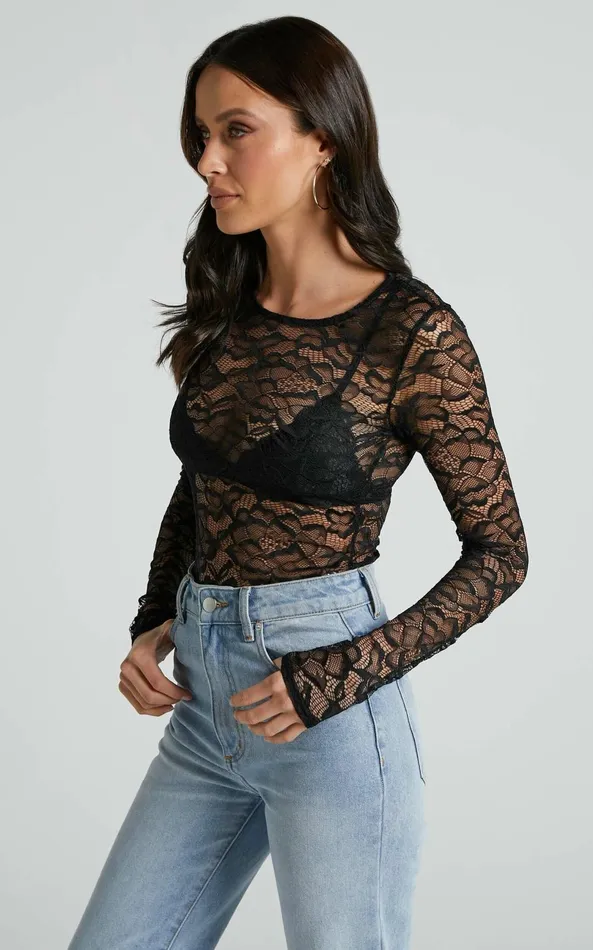Showpo Adaly Bodysuit 8211 Long Sleeve Scoop Neck Lace Bodysuit In Black Women Tops