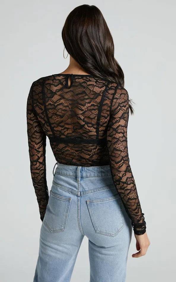 Showpo Adaly Bodysuit 8211 Long Sleeve Scoop Neck Lace Bodysuit In Black Women Tops