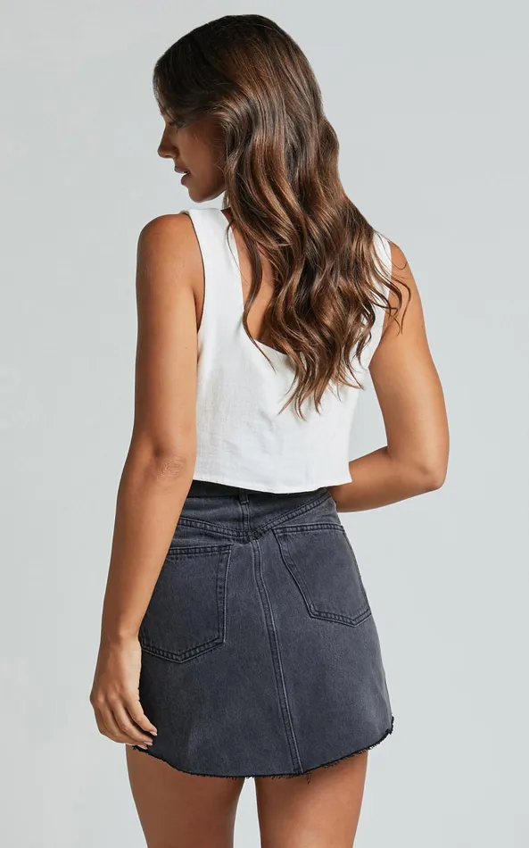 Showpo Adan Mini Skirt 8211 Recycled Cotton Frayed Hem Denim Skirt In Black Women Shop Conscious