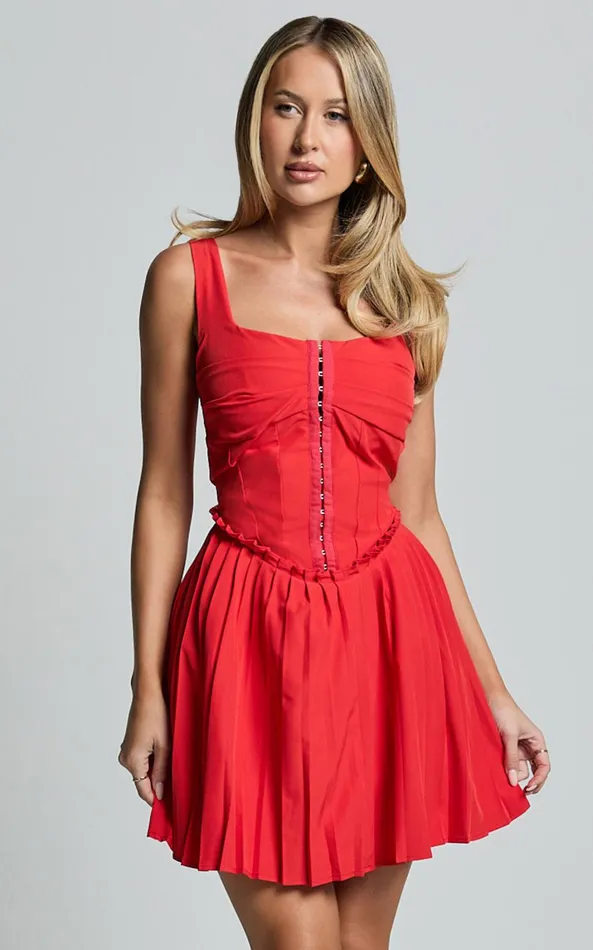 Showpo Adana Mini Dress 8211 Fit And Flare Eyelet Corset Detail Mini Dress In Red Women Dresses