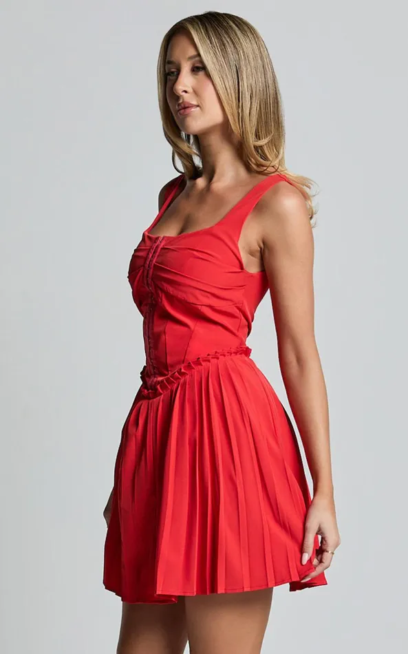 Showpo Adana Mini Dress 8211 Fit And Flare Eyelet Corset Detail Mini Dress In Red Women Dresses