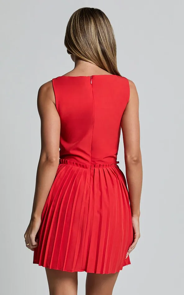 Showpo Adana Mini Dress 8211 Fit And Flare Eyelet Corset Detail Mini Dress In Red Women Dresses