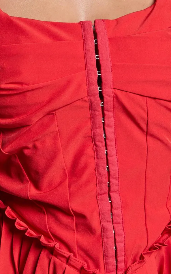 Showpo Adana Mini Dress 8211 Fit And Flare Eyelet Corset Detail Mini Dress In Red Women Dresses