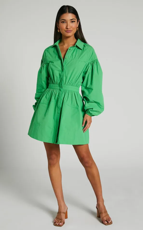 Showpo Adanny Mini Dress 8211 Long Puff Sleeve Shirt Dress In Green Women Dresses