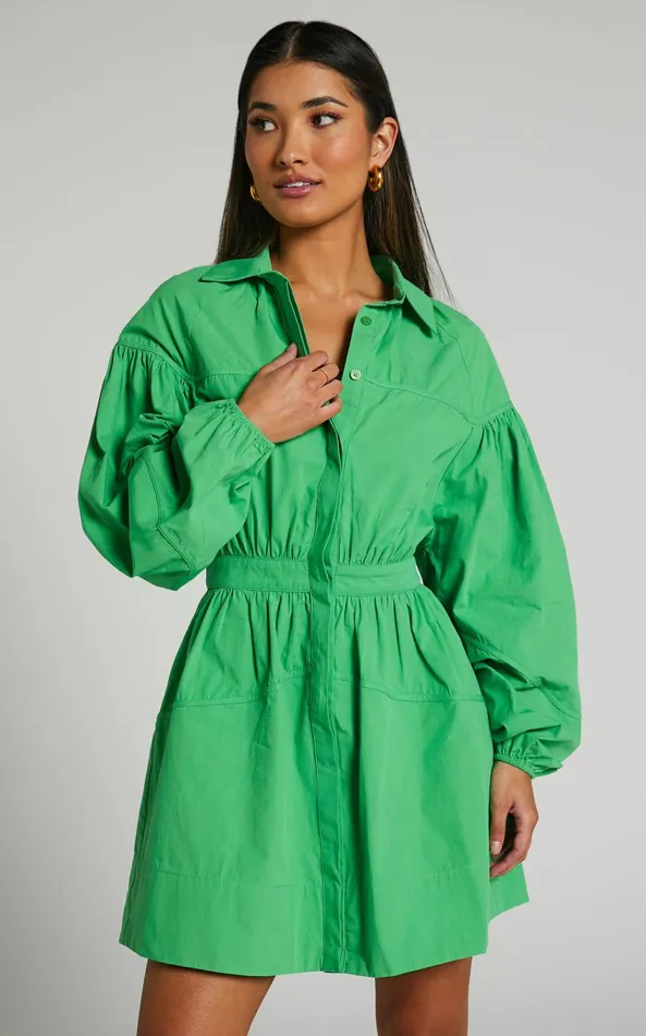 Showpo Adanny Mini Dress 8211 Long Puff Sleeve Shirt Dress In Green Women Dresses