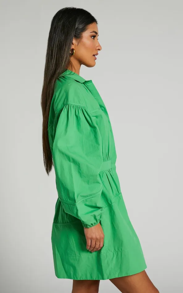 Showpo Adanny Mini Dress 8211 Long Puff Sleeve Shirt Dress In Green Women Dresses