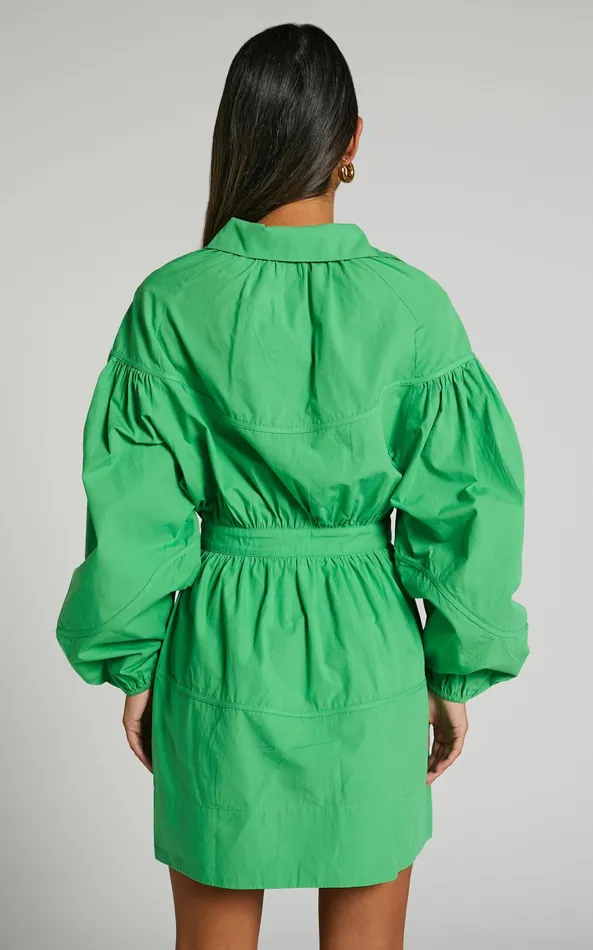 Showpo Adanny Mini Dress 8211 Long Puff Sleeve Shirt Dress In Green Women Dresses