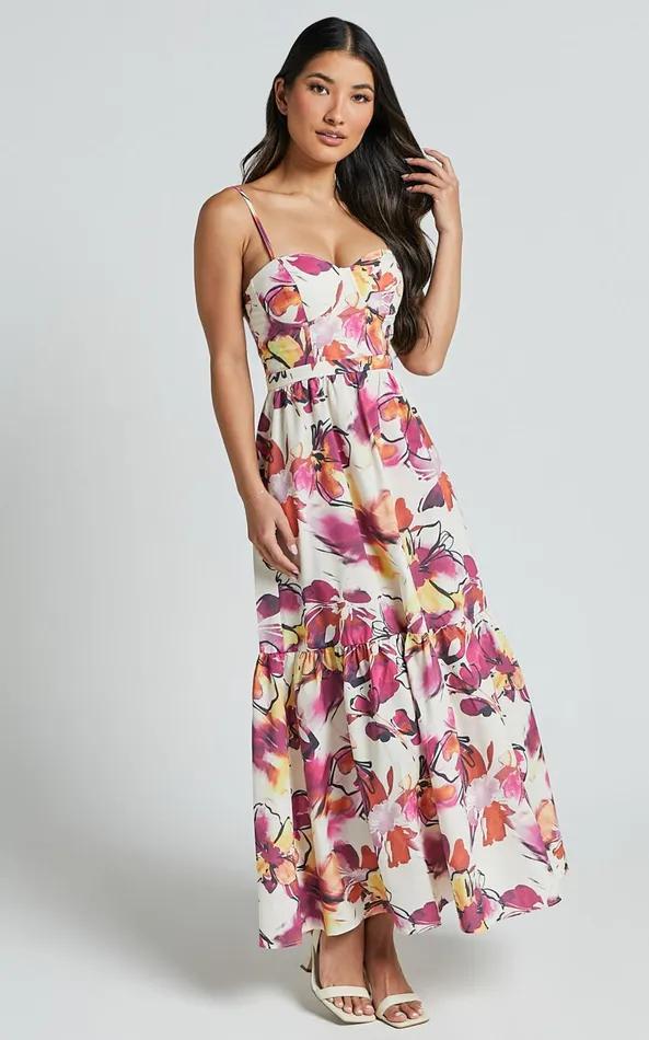 Showpo Adara Midi Dress 8211 Strappy Bustier Dress In Dahlia Dusk Floral Women Dresses