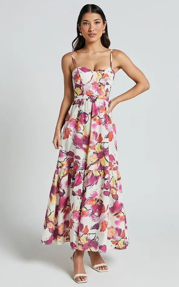 Showpo Adara Midi Dress 8211 Strappy Bustier Dress In Dahlia Dusk Floral Women Dresses