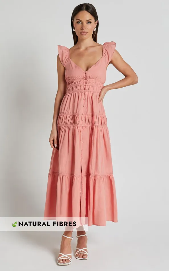Showpo Addi Midi Dress 8211 Button Front Plunge Neck Short Flutter Sleeve Tiered In Peach Fuzz Women Curve Clothes Showpo Addi Midi Dress 8211 Button Front Plunge Neck Short Flutter Sleeve Tiered In Peach Fuzz Women Curve Clothes