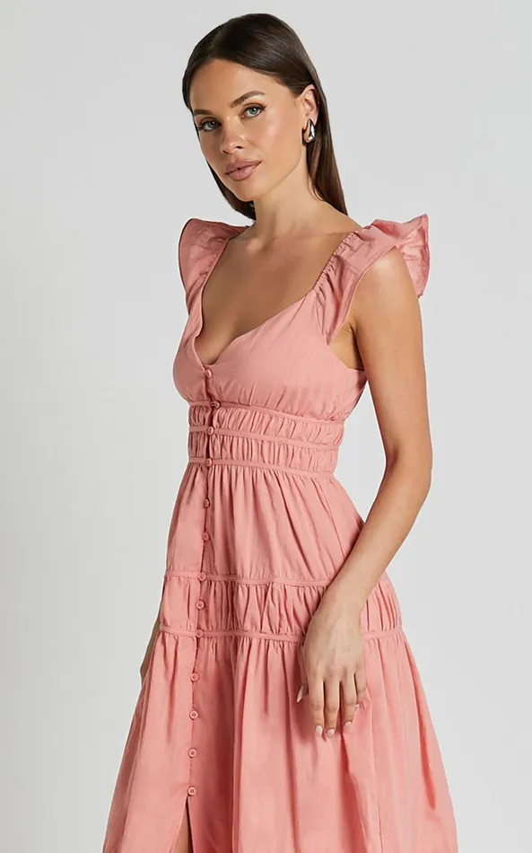 Showpo Addi Midi Dress 8211 Button Front Plunge Neck Short Flutter Sleeve Tiered In Peach Fuzz Women Curve Clothes