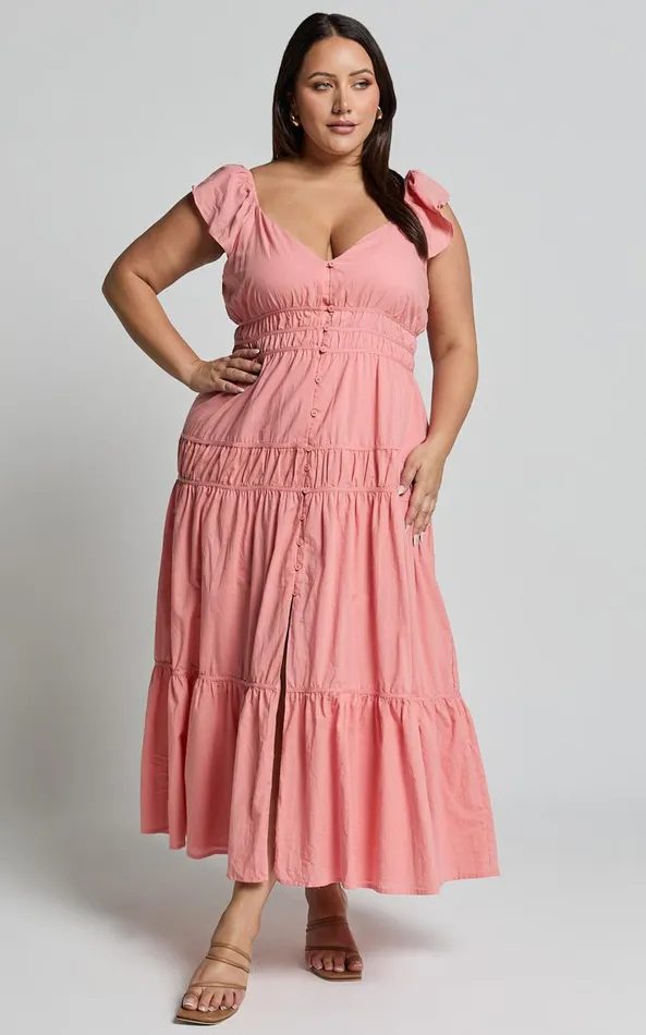 Showpo Addi Midi Dress 8211 Button Front Plunge Neck Short Flutter Sleeve Tiered In Peach Fuzz Women Curve Clothes