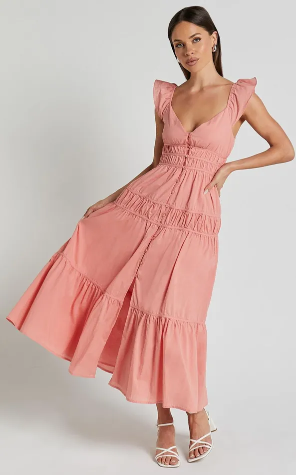 Showpo Addi Midi Dress 8211 Button Front Plunge Neck Short Flutter Sleeve Tiered In Peach Fuzz Women Curve Clothes
