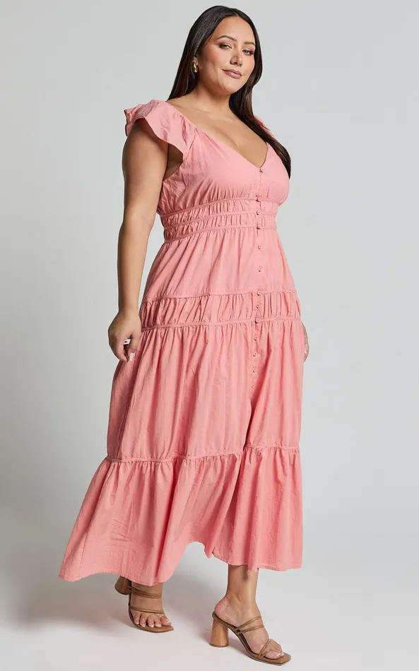 Showpo Addi Midi Dress 8211 Button Front Plunge Neck Short Flutter Sleeve Tiered In Peach Fuzz Women Curve Clothes