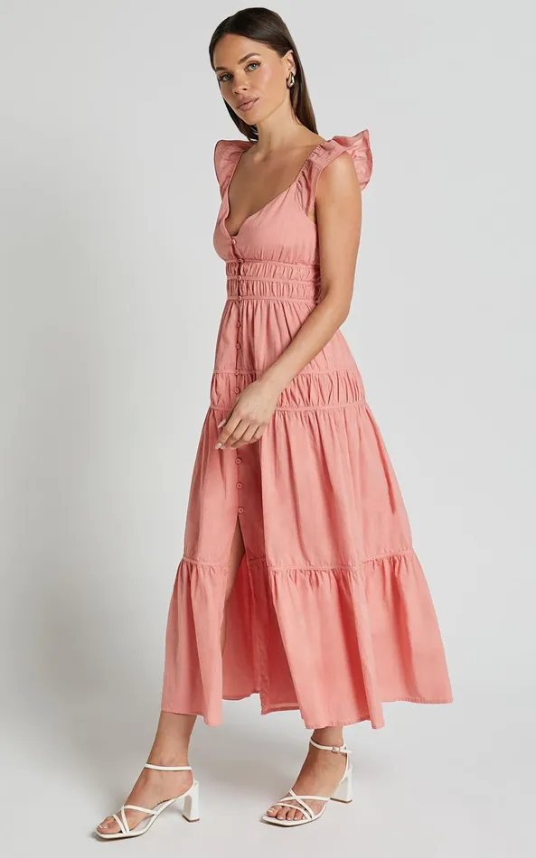 Showpo Addi Midi Dress 8211 Button Front Plunge Neck Short Flutter Sleeve Tiered In Peach Fuzz Women Curve Clothes