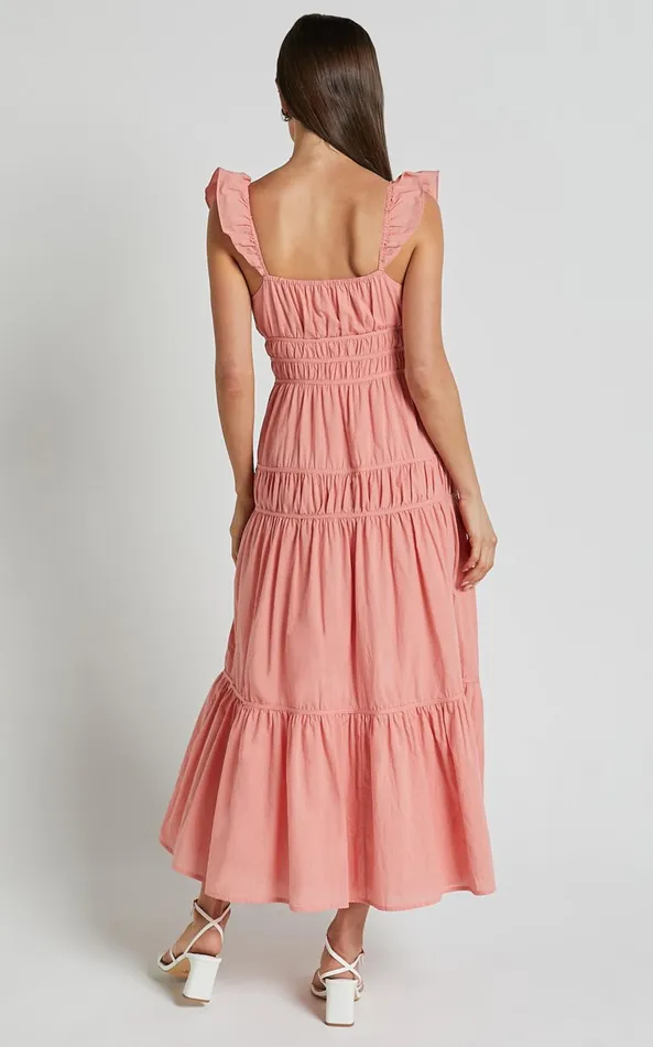 Showpo Addi Midi Dress 8211 Button Front Plunge Neck Short Flutter Sleeve Tiered In Peach Fuzz Women Curve Clothes