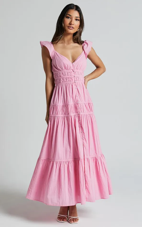 Showpo Addi Midi Dress 8211 Button Front Plunge Neck Short Flutter Sleeve Tiered In Pink Women Dresses