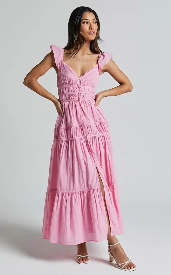 Showpo Addi Midi Dress 8211 Button Front Plunge Neck Short Flutter Sleeve Tiered In Pink Women Dresses