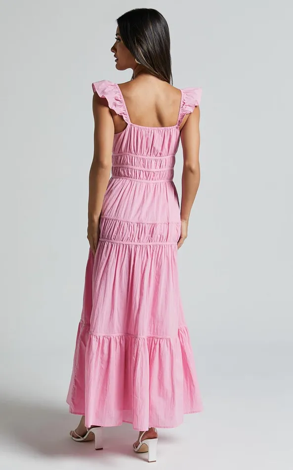 Showpo Addi Midi Dress 8211 Button Front Plunge Neck Short Flutter Sleeve Tiered In Pink Women Dresses