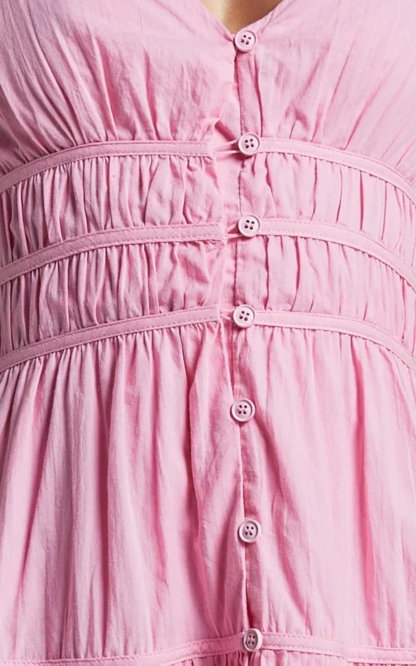 Showpo Addi Midi Dress 8211 Button Front Plunge Neck Short Flutter Sleeve Tiered In Pink Women Dresses