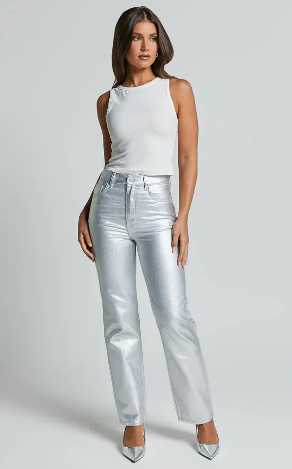 Showpo Addison Jeans 8211 High Waisted Metallic Jeans In Silver Women Denim