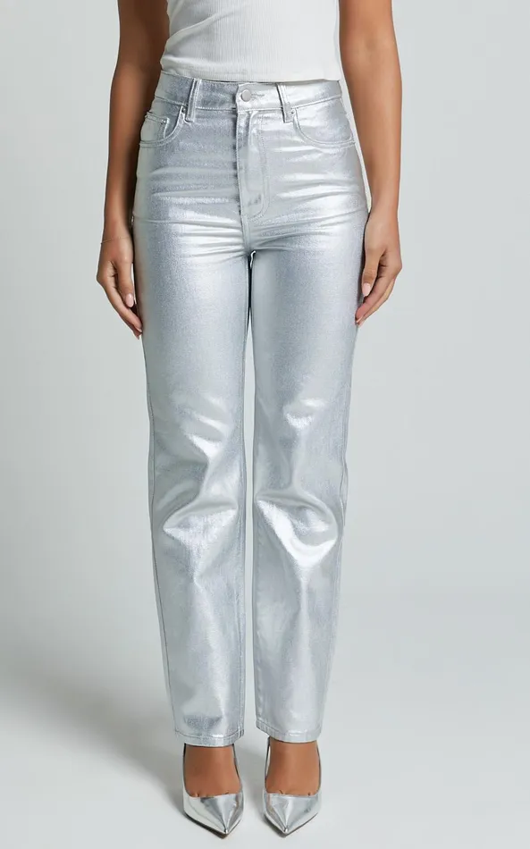 Showpo Addison Jeans 8211 High Waisted Metallic Jeans In Silver Women Denim