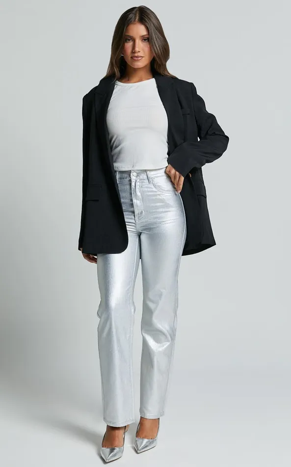 Showpo Addison Jeans 8211 High Waisted Metallic Jeans In Silver Women Denim