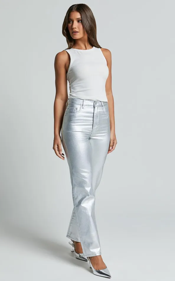 Showpo Addison Jeans 8211 High Waisted Metallic Jeans In Silver Women Denim